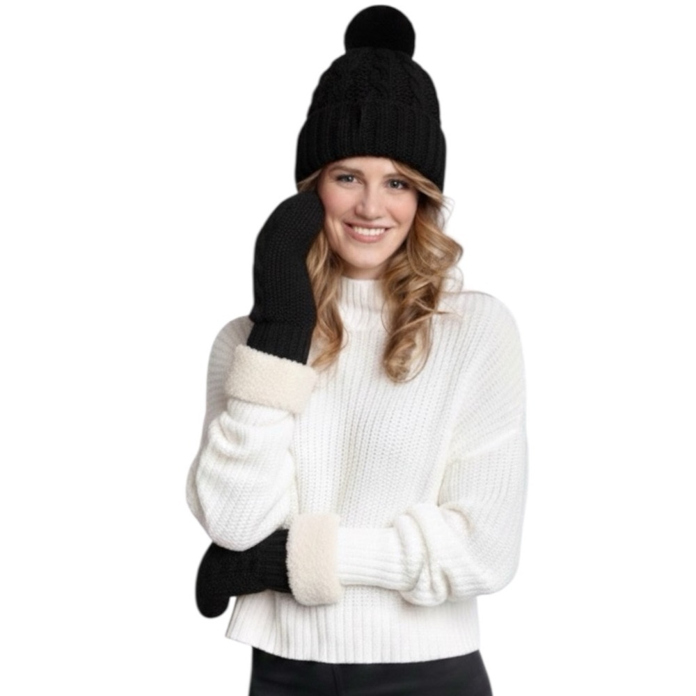 Just Cozy NEW Hat & Mitts Sherpa soft Faux Fur Lined Toque Pom-Pom Knit Mittens